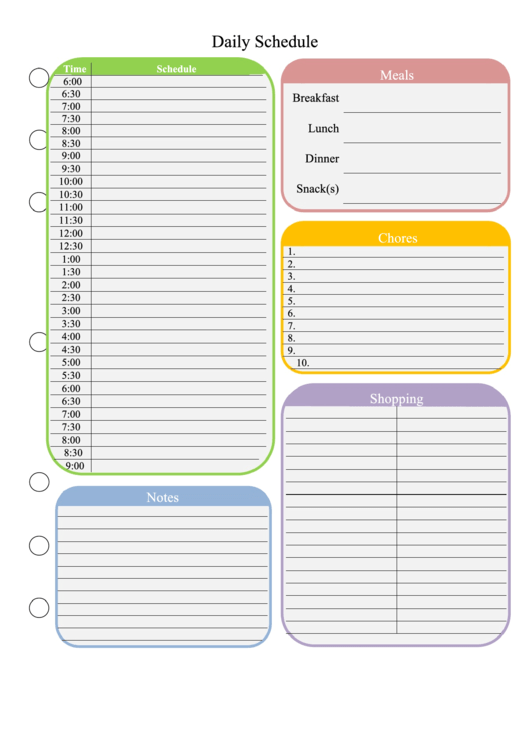 Daily Schedule Template - Colored Printable pdf