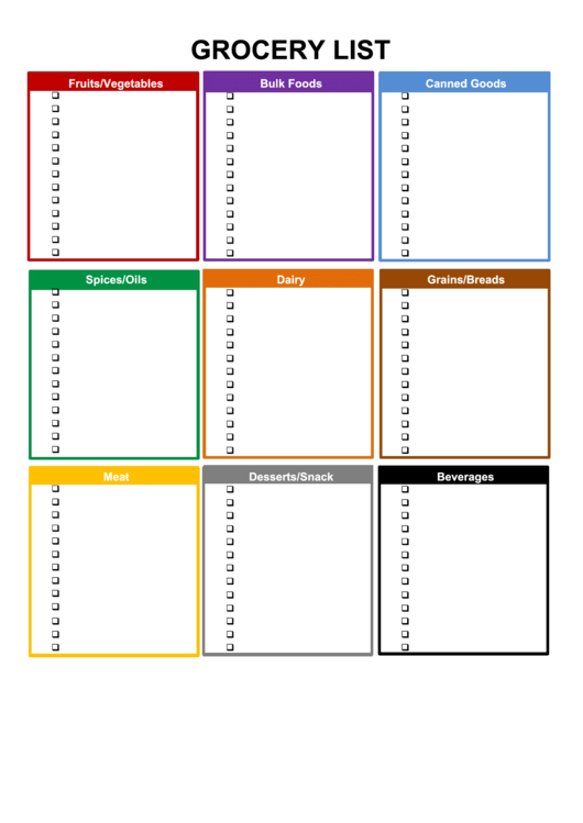 Grocery List Template (By Section) - Colorful Printable pdf