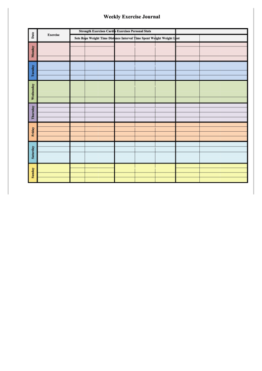 Fillable Weekly Exercise Journal Template Printable pdf