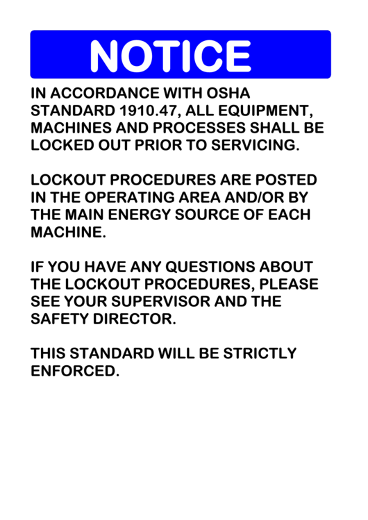 Notice Osha Standard Sign Template Printable pdf