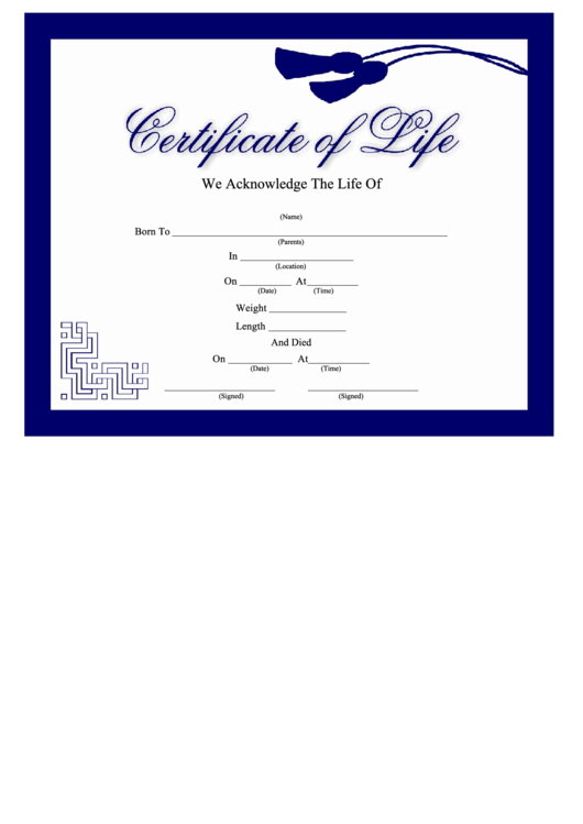 Certificate Of Life Template (Blue) Printable pdf