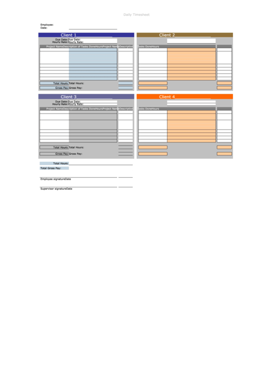 Daily Projects Multiple Clients Timesheet Printable pdf