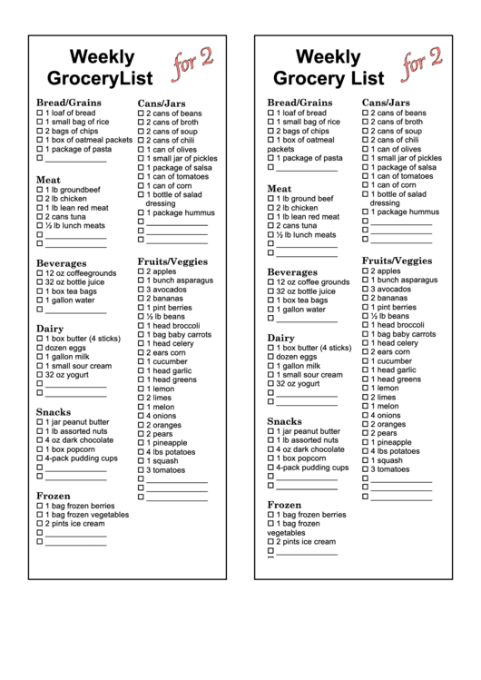 Weekly Grocery List Template For Couples