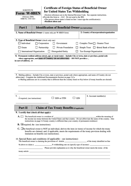 Substitute Form W-8ben - Certificate Of Foreign Status Of Beneficial Owner For United States Tax Withholding Printable pdf