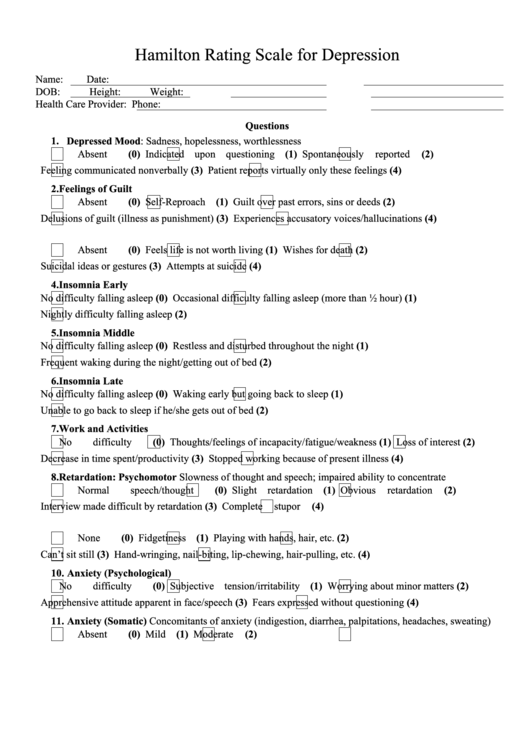 Hamilton Rating Scale For Depression Printable Pdf Download