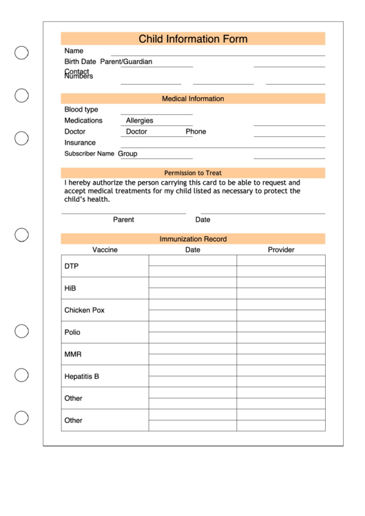 Child Information Form - Punched On Left Printable pdf