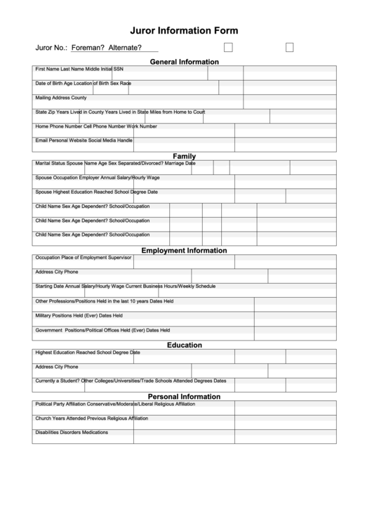 Juror Information Form Printable pdf
