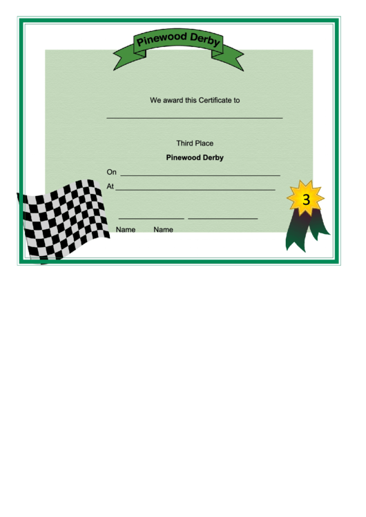 Pinewood Derby Third Place Certificate Printable pdf