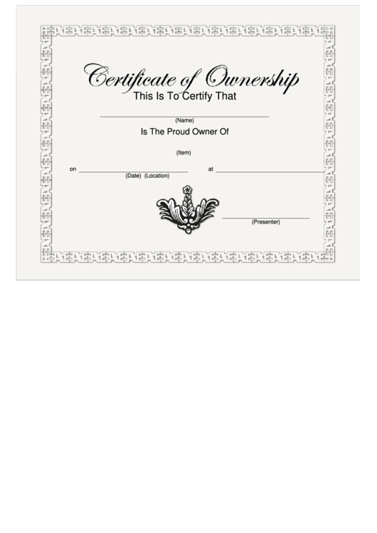 Certificate Of Ownership Template - White Printable pdf