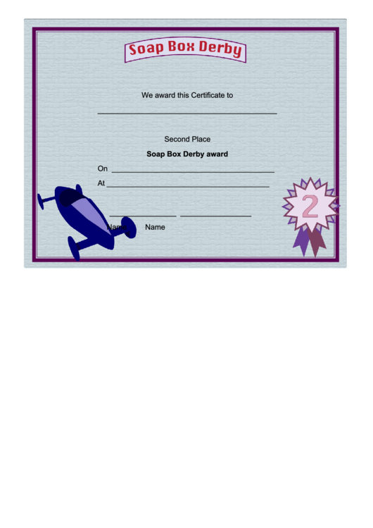 Soap Box Derby Second Place Certificate Printable pdf