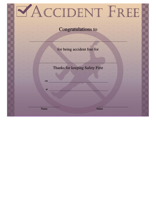 Accident Free Certificate Template Printable pdf