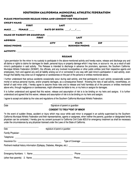 Southern California Municipal Athletic Federation (scmaf) Minor Release Form And Consent For Treatment