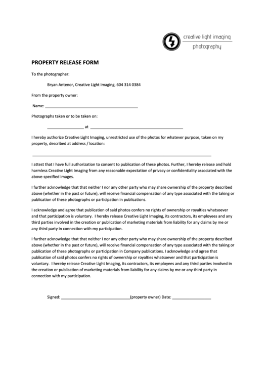Private Property Release Form Printable pdf