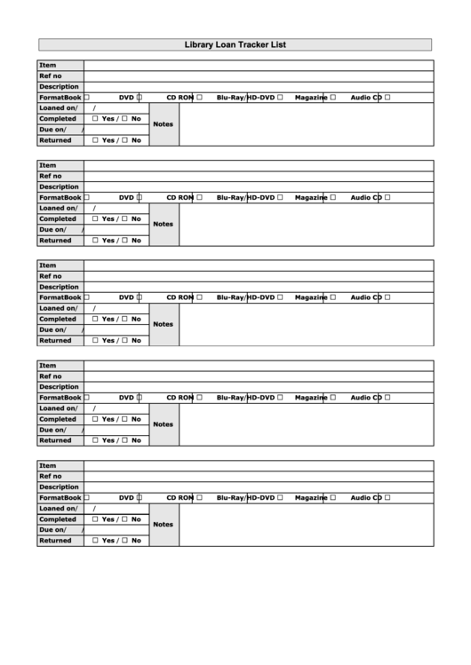 Library Loan Tracker List Form Printable pdf