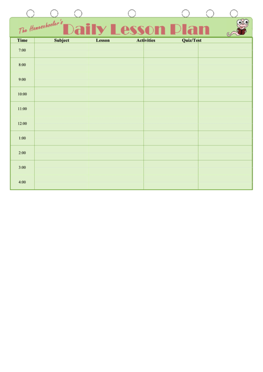 Homeschoolers Daily Lesson Plan Template Printable pdf