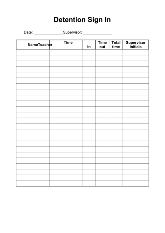 Detention Sign In Form Printable pdf