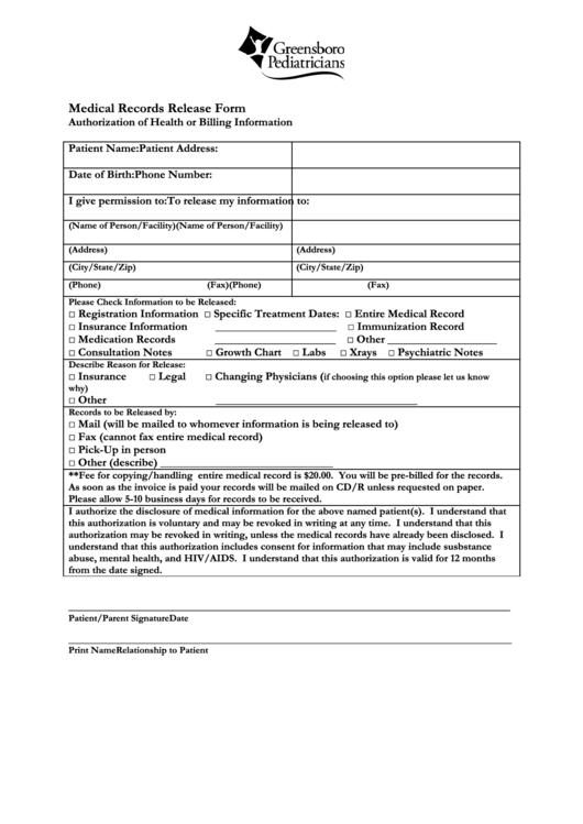 Medical Records Release Form Authorization Of Health Or Billing Information Printable pdf