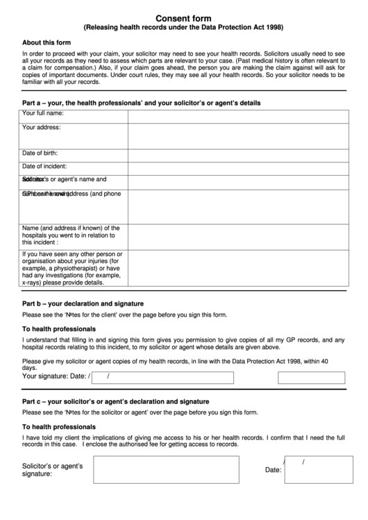Consent Form Releasing Health Records Under The Data Protection Act 1998 Printable pdf