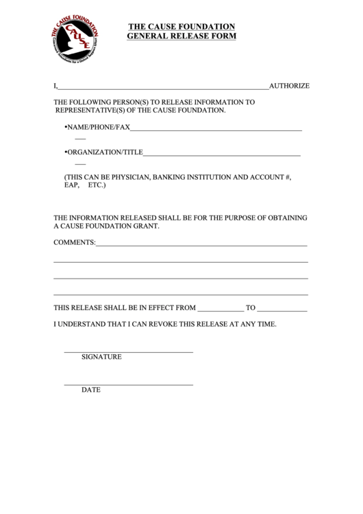 The Cause Foundation General Release Form Printable pdf