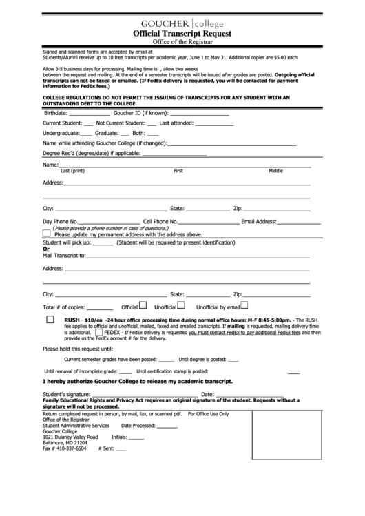 Official Transcript Request Printable pdf