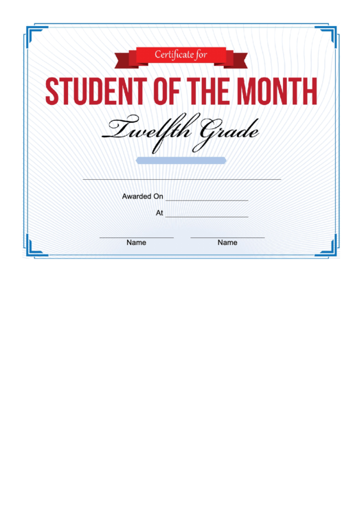 12th Grade Student Of The Month Certificate