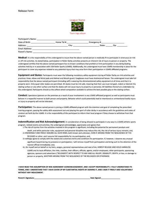 Sample Roller Derby Release Form Printable pdf