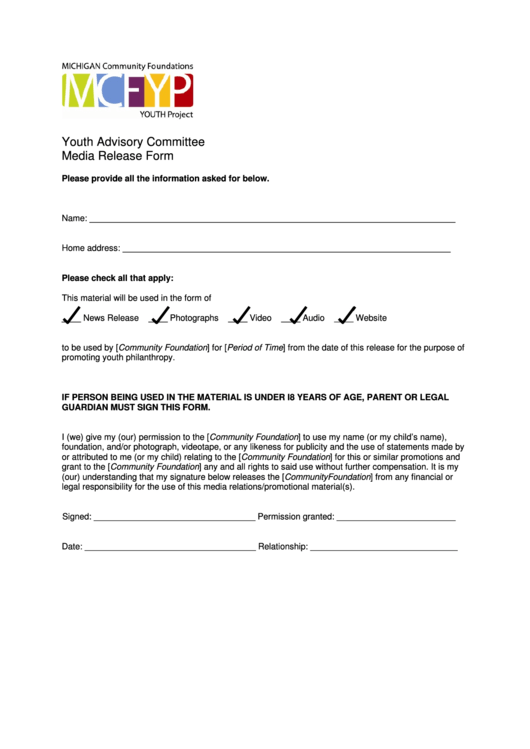 Youth Advisory Committee Media Release Form Printable pdf
