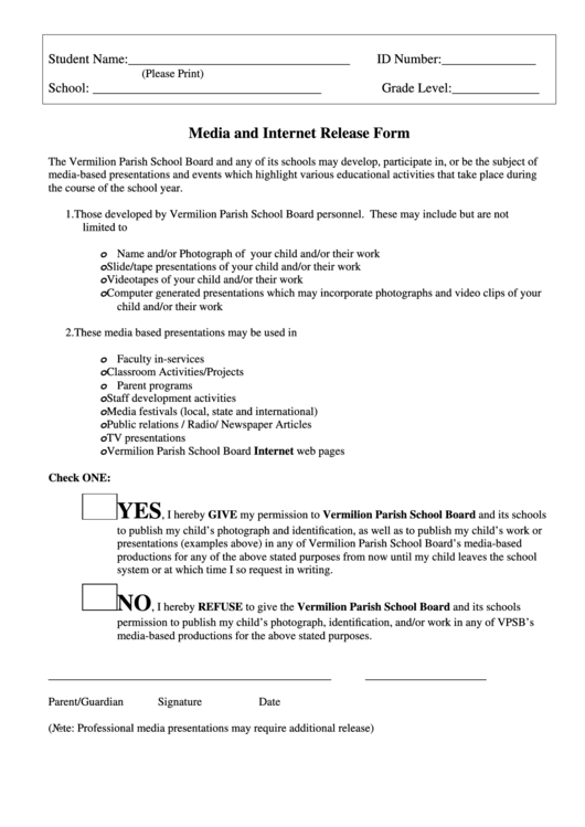 Media And Internet Release Form Printable pdf