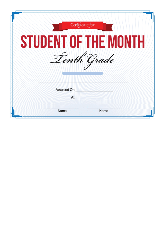 10th Grade Student Of The Month Certificate Printable pdf