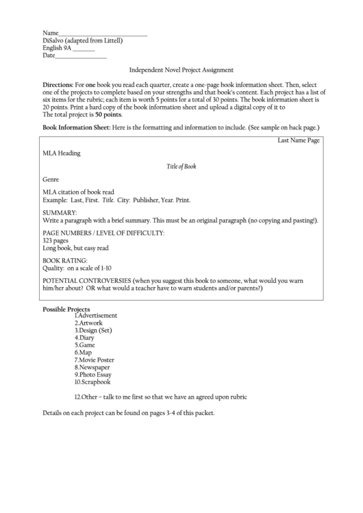 Independent Novel Project Assignment Printable pdf