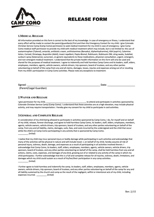 Sample Camp Release Form Printable pdf
