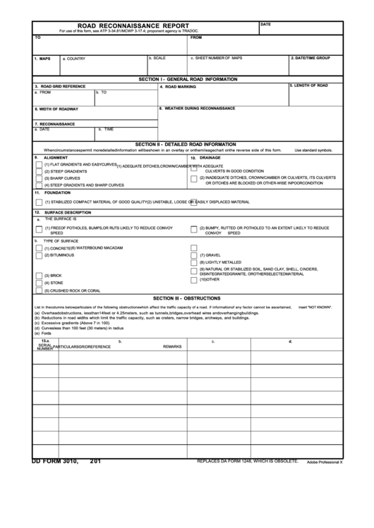 Fillable Dd Form 3010 - Road Reconnaissance Report Printable pdf