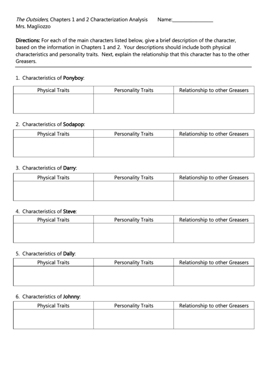 The Outsiders Characterization Analysis Printable pdf