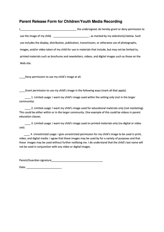 Parent Release Form For Children/youth Media Recording Printable pdf