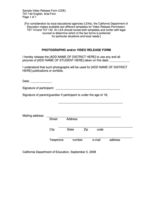 Photographic And/or Video Release Form Printable pdf