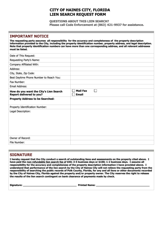 Fillable Lien Search Request Form Printable pdf
