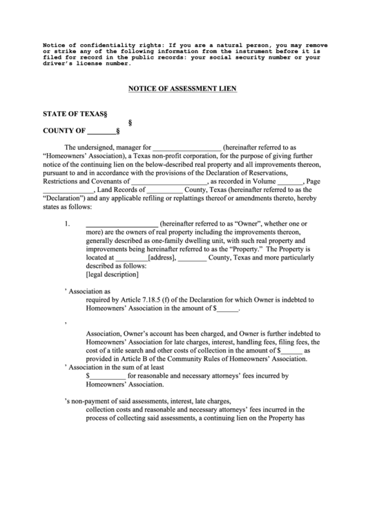 Notice Of Assessment Lien Printable pdf