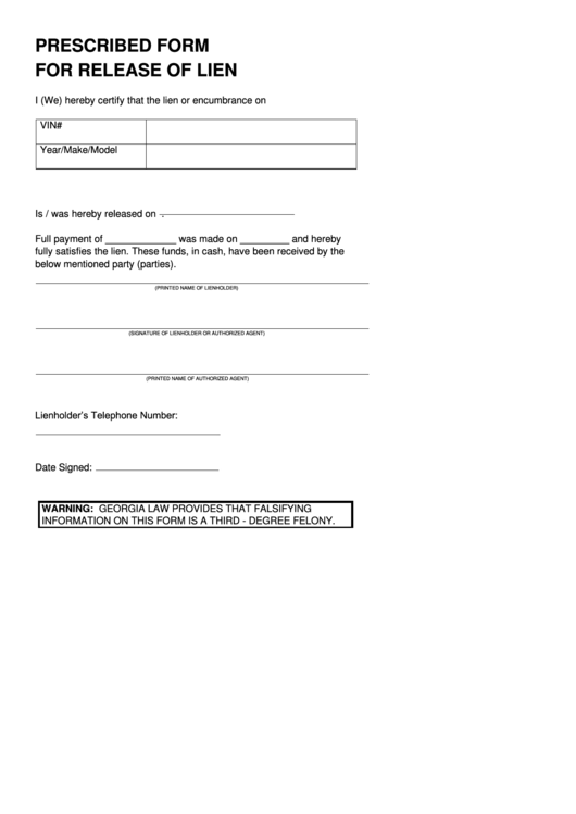 Prescribed Form For Release Of Lien Printable pdf