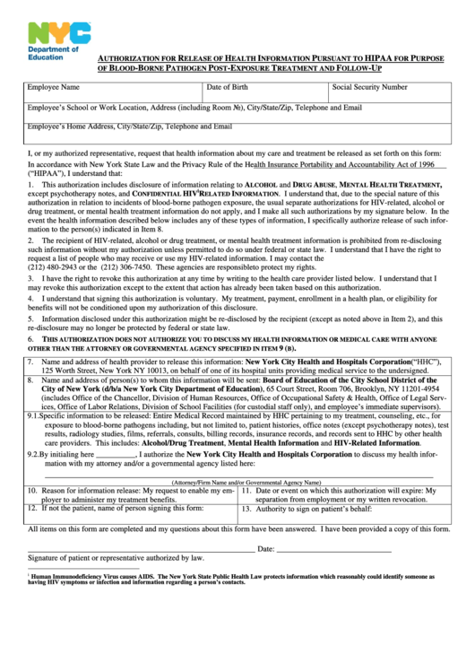 Authorization For Release Of Health Information Pursuant To Hipaa For Purpose Of Blood-Borne Pathogen Post-Exposure Treatment And Follow-Up Printable pdf