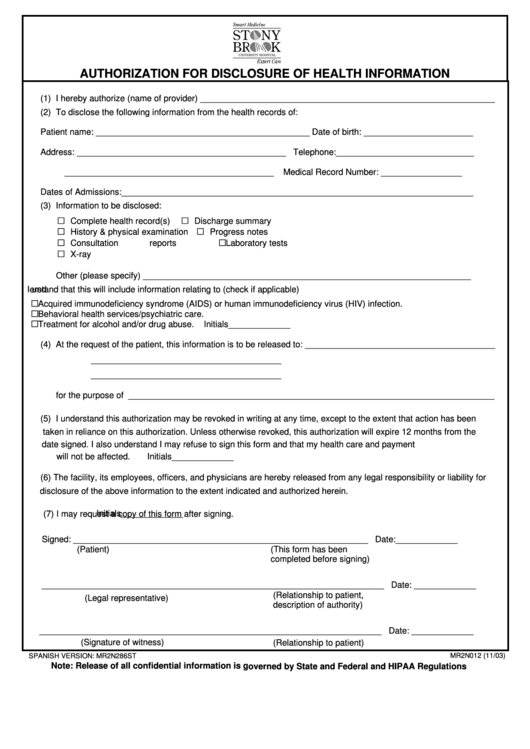 Authorization For Disclosure Of Health Information Printable Pdf Download