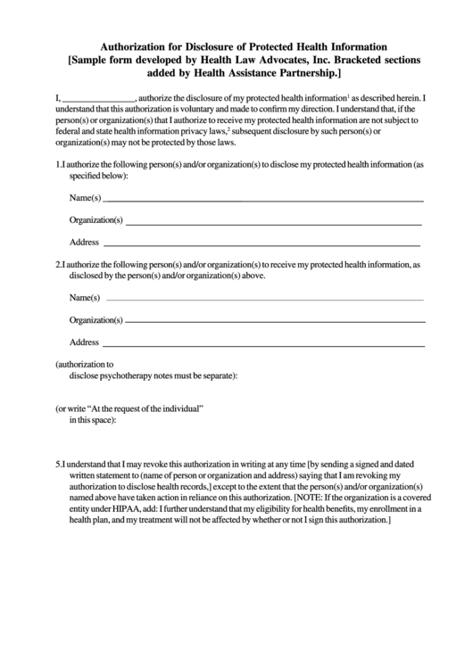 Authorization For Disclosure Of Protected Health Information Printable pdf