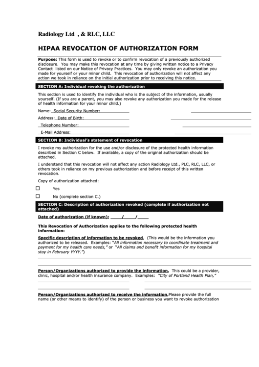 Hipaa Revocation Of Authorization Form Printable pdf