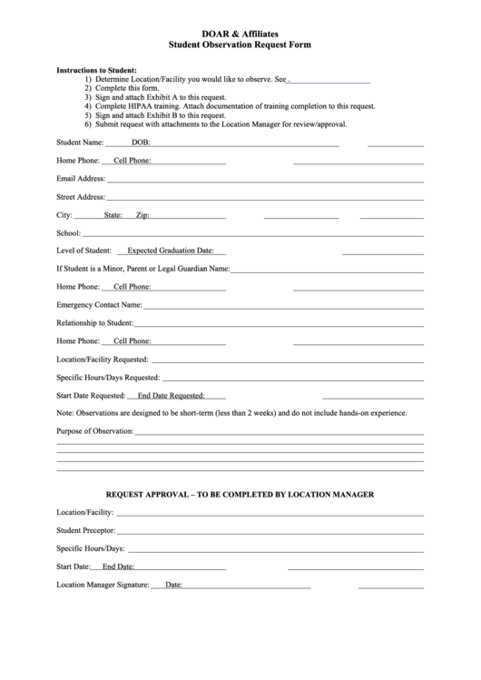 Doar & Affiliates Student Observation Request Form Printable pdf