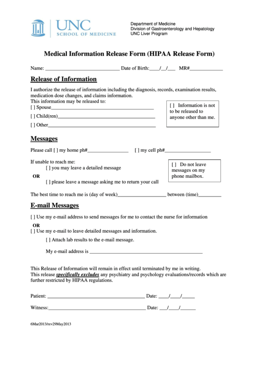 Medical Information Release Form (Hipaa Release Form) Printable pdf