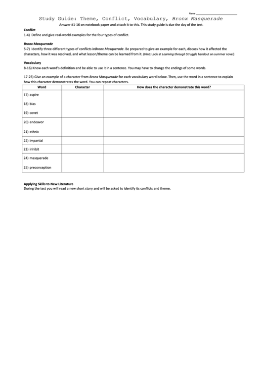 Study Guide Theme Conflict Vocabulary, Bronx Masquerade - Seps Printable pdf