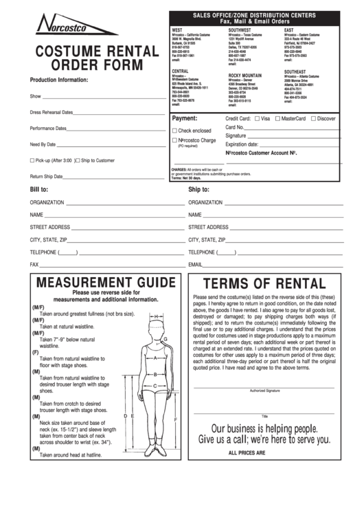 Costume Rental Order Form - Norcostco Printable pdf