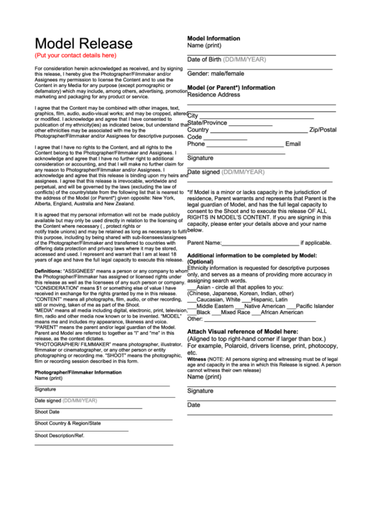 Model Release Form Printable pdf