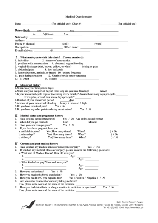 Medical Questionnaire Date printable pdf download