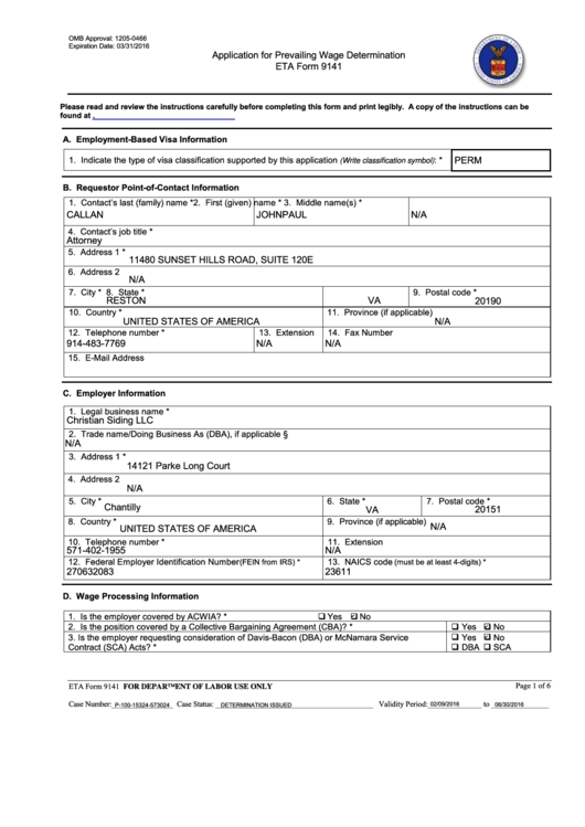 Eta Form 9141 - Application For Prevailing Wage Determination Printable pdf
