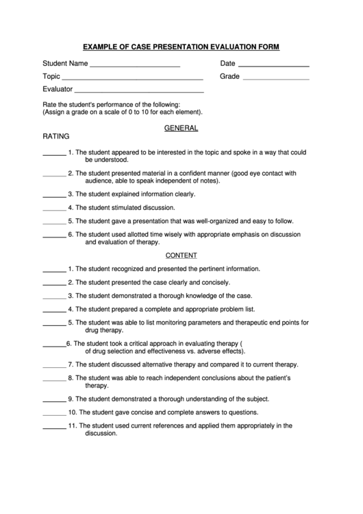 Example Of Case Presentation Evaluation Form Printable pdf